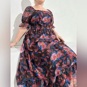Floral Printed Square Neck Short Sleeve Long Dress